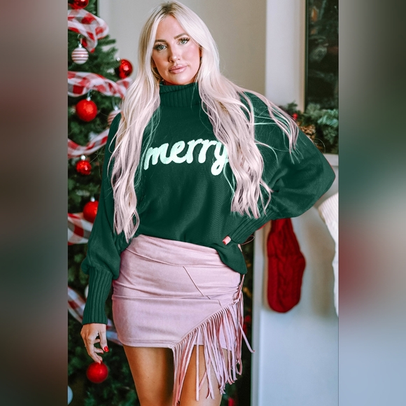 Double Take Full Size Merry Christmas Turtleneck Long Sleeve Sweater - Picture 2 of 7